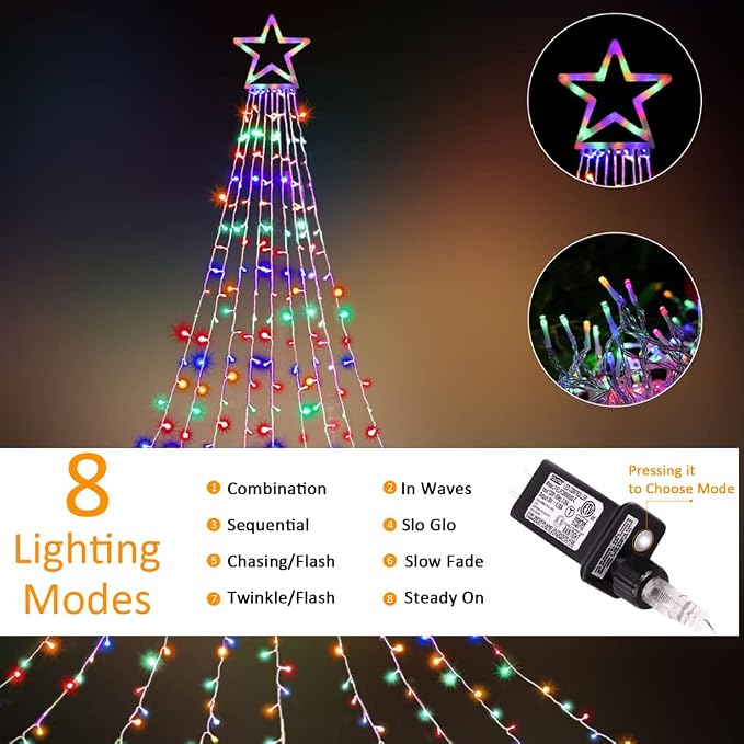 Outdoor Christmas Star String Lights, 320 LED 11.5 ft Waterfall Tree Lights with 8 Lighting Modes for Indoor/Outdoor Yard, Home, Festival, Party, Xmas, New Year Decor