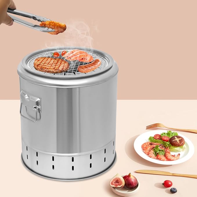Portable Smokeless Charcoal Barbecue Barrel, Stainless Steel Surround Charcoal Kebab Grill with 20 Skewers 2-In-1 Large Capacity Barbecue Barrel for Picnics Camping Traveling Parties Beaches