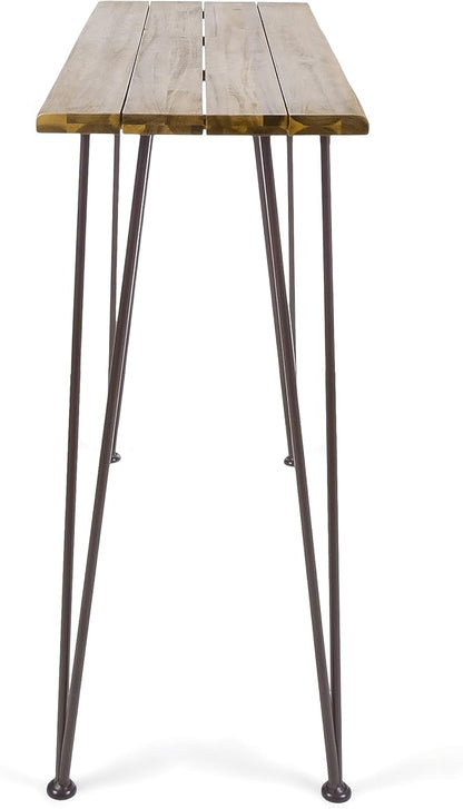 Christopher Knight Home Denali Ouotdoor Industrial Acacia Wood Bar Table with Iron Frame, Teak Finish / Rustic Metal