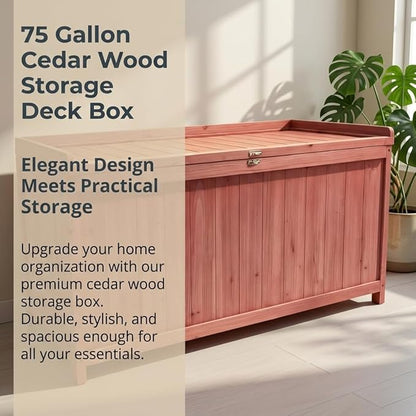 75 Gallon Wood Deck Box,Outdoor Storage Bench Container for Patio Furniture Cushions, Pillows, Garden Tools,Pool Accessories (Wood)