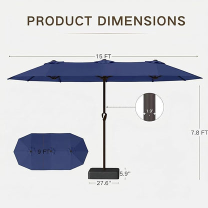 Kingdura 15ft Large Patio Umbrella with Base Included, Double-Sided Rectangle Outdoor Table Umbrella with 12 Reinforced Ribs, Crank Lift for Market Pool Deck Backyard, Navy blue