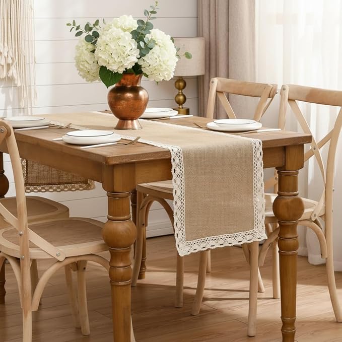 Burlap Table Runner Natural Jute Braided Table Runner 13''x 120'' Long Farmhouse Table Runners with Beige Lace for Spring Summer Parties BBQ's Holidays Rustic Vintage Dining Table Runner