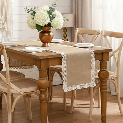 Burlap Table Runner Natural Jute Braided Table Runner 13''x 120'' Long Farmhouse Table Runners with Beige Lace for Spring Summer Parties BBQ's Holidays Rustic Vintage Dining Table Runner