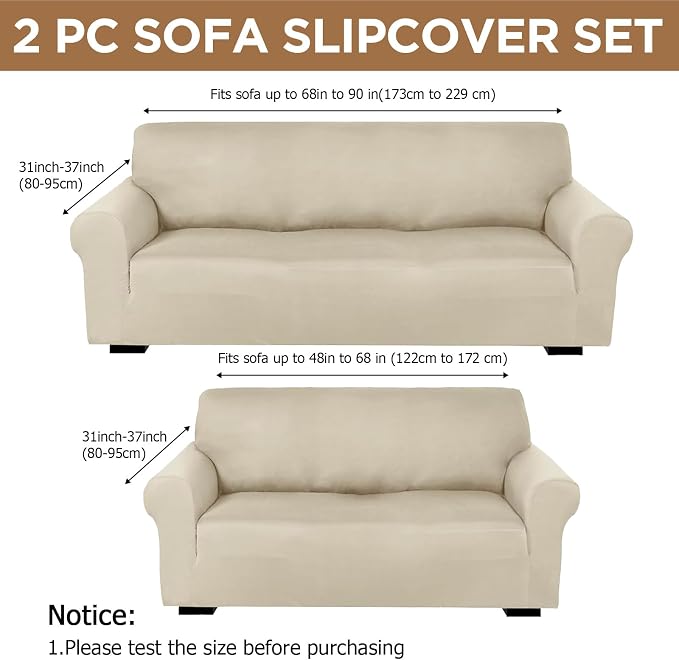 Peryiter 2 Pcs Couch and Loveseat Sofa Covers,Beige,Milk Silk | Armchair Covers for Living Room, Sofa Cushion Slipcover 2/3 Seater, Furniture Protector, Polyester and Spandex, Washable