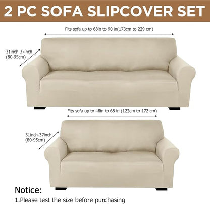 Peryiter 2 Pcs Couch and Loveseat Sofa Covers,Beige,Milk Silk | Armchair Covers for Living Room, Sofa Cushion Slipcover 2/3 Seater, Furniture Protector, Polyester and Spandex, Washable