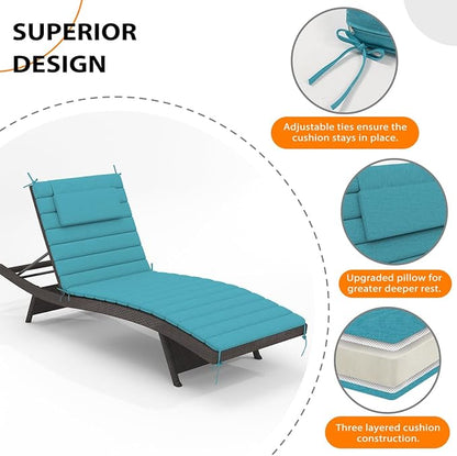 Sundale Outdoor Olefin Quilted Lounge Cushion Set of 4, Patio Foldable Chaise Lounger Cushion, Water-Resistant Lounge Chair Pad with Straps Teal, 72 x 21 inches