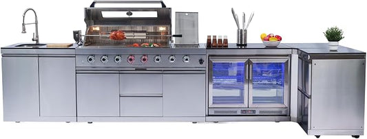 153" 6-Burner 96000 BTU Deluxe Outdoor Kitchen Island,304 Stainless Steel Modular LPG BBQ Grill Combination With Granite Countertops, Storage Cabinet, Refrigerator and Sink (153"-Siver, Propane Gas)