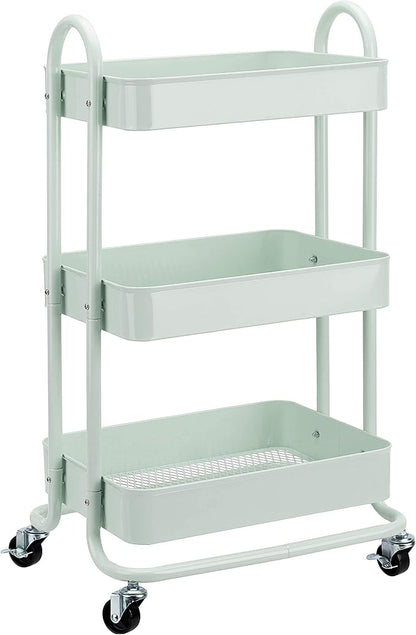 Amazon Basics 3-Tier Metal Rolling Utility Cart, Storage Organizer, Multi-Functional Kitchen Island Cart, Portable Shelving Unit with Caster Wheels, Mint Green