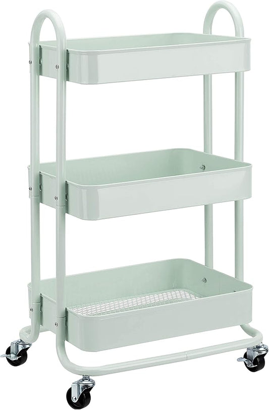 Amazon Basics 3-Tier Metal Rolling Utility Cart, Storage Organizer, Multi-Functional Kitchen Island Cart, Portable Shelving Unit with Caster Wheels, Mint Green