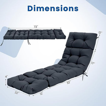 Tangkula Chaise Lounge Cushions Outdoor, 73 x 22 Inch Patio High Back Recliner Cushion with 4 String Ties, 4” Thick Padded Lounge Chair Cushion Replacement for Outdoor Indoor Furniture (1, Gray)