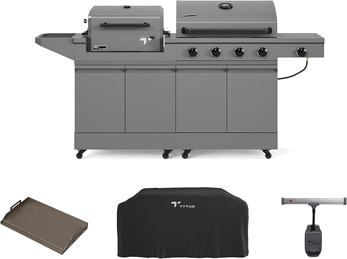 Tytus Anaheim 4-Burner Gas Grill with Prep Cart and Charcoal Grill + Cover, Light, Griddle Insert - Modular Outdoor Kitchen, Quick Assembly, Outdoor Cooking, Kitchen Island for BBQ
