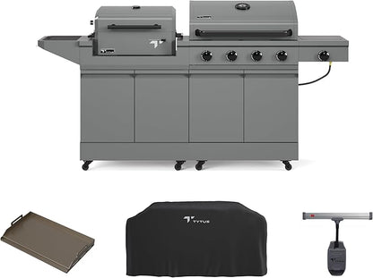 Tytus Anaheim 4-Burner Gas Grill with Prep Cart and Charcoal Grill + Cover, Light, Griddle Insert - Modular Outdoor Kitchen, Quick Assembly, Outdoor Cooking, Kitchen Island for BBQ