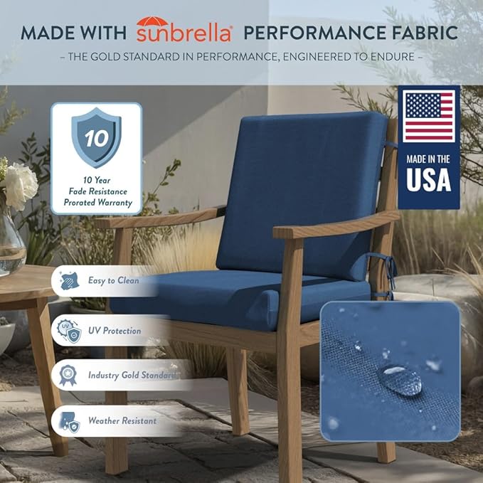 California Umbrella Outdoor Dining Chair, Set of 2 Patio Seat Cushions, 20 x 40 Inch, Premium Outdoor Memory Foam, Fade Resistant, Sunbrella Fabric, Fabric Ties, Regatta