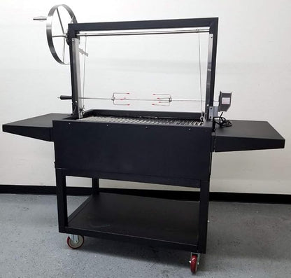 Black Outdoor Charcoal BBQ Parrilla Santa Maria/Argentine Rotisserie Grill Spit, with Stainless Steel #304 Grates, Wheels, Handle