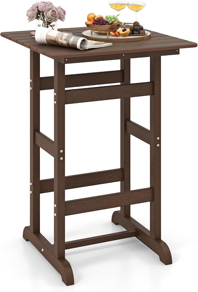 GIANTEX 42" Height Outdoor Tall Bar Table, HDPE Square Pub Tables with Wood Grains, High Top, Cocktail Bistro Table for Adirondack Chairs, Patio, Garden, Poolside, Yard, Balcony, Brown