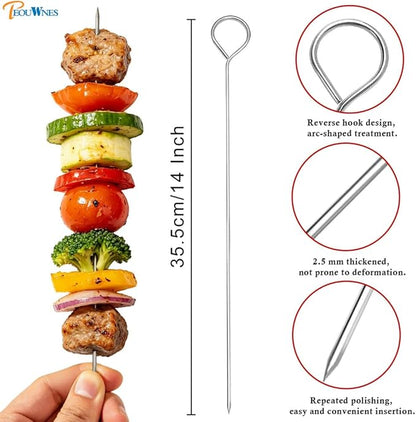 20 PCS 14 Inch Stainless Steel BBQ Kabob Skewers, Metal Kebob Sticks Reusable Grilling Skewers for Turkey, Shrimp, Chicken, Fruit, Vegetable, Meat, Beef