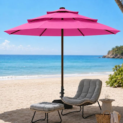 10ft Patio Umbrella, 3-Tier Vented Outdoor Table Umbrella with 8 Sturdy Fiberglass Ribs, Windproof Market Umbrella with Push Button Tilt and Crank, UV Protection for Deck, Pool, Rose Pink