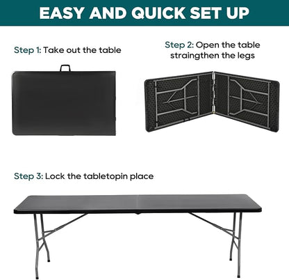 FDW 8 Foot Outdoor Dining Table, Foldable Portable Rectangular Plastic Folding Table with Built in Carrying Handle for Party and Wedding Use, Black