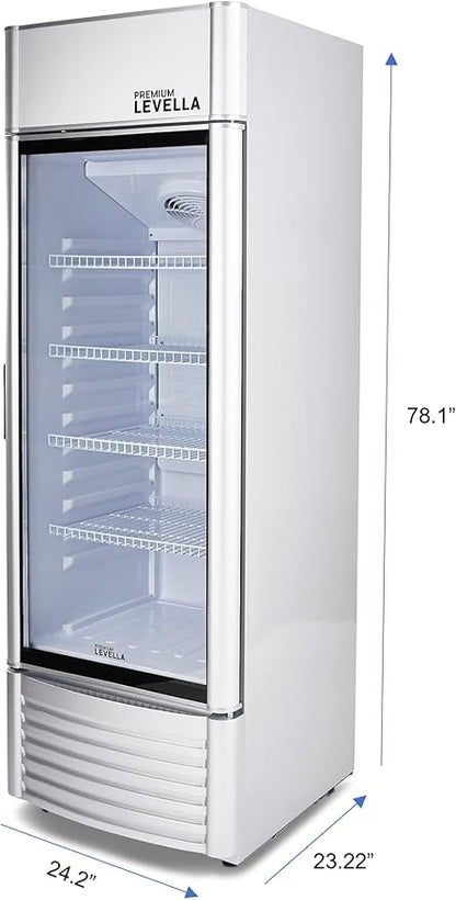 PremiumLevella PRF125DX Glass Door Display Refrigerator 12.5 cu ft Commercial Beverage Cooler Merchandiser With Customizable Lightbox - Silver