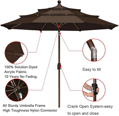EliteShade USA 10-Year-Non-Fading 9ft 3-Tier Market Patio Umbrella, Commercial Grade Outdoor Table Umbrella with Crank Open, Windproof & UPF 50+ UV Protection, Heavy Duty Ventilation for Garden, Deck, Pool, Backyard, Beach & Bistro, Chestnut