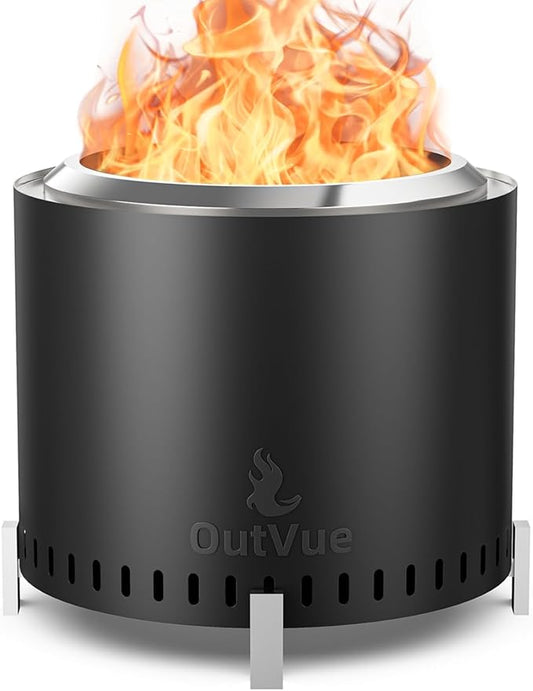 OutVue 19.5 inch Stainless Steel Smokeless Fire Pit, Outdoor Smokeless Firepit with Tote Bag&Fire Poker, Wood Burning Fire Pits for Camping, Bonfire, Low Smoke Firepit for Outside