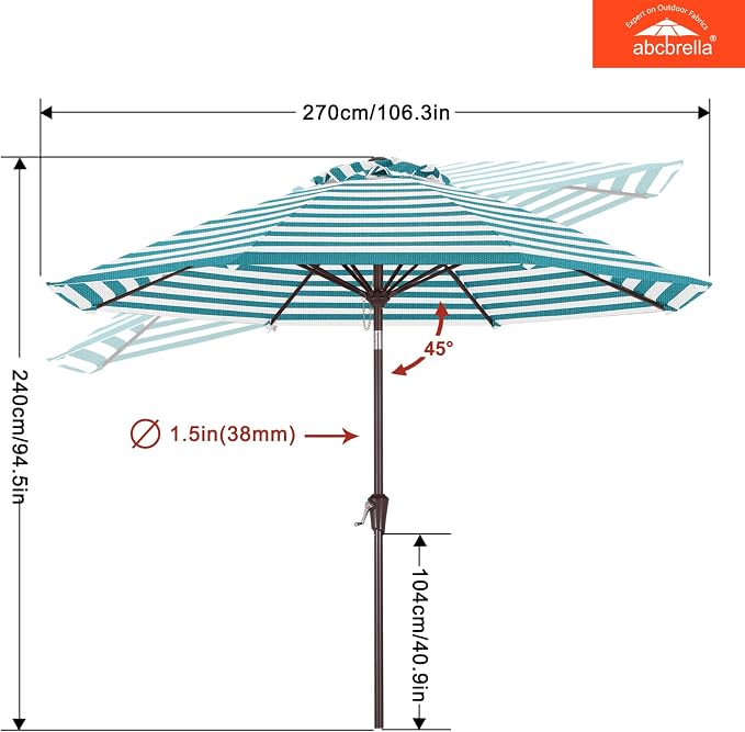 ABCCANOPY OLEFIN® 5-Year No Fading 9FT Patio Umbrella(Turquoise Stripe) | Fade & UV Resistant Fabric,8 Fiberglass Ribs，Wind Vent，Crank Lift & Tilt,Outdoor Table Umbrella for Deck,Backyard,Yard