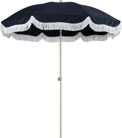 Tempera 7ft Boho Beach & Patio Umbrella with Fringe, Market Umbrellas with UPF 50+ UV & Water-Resistant Canopy, 1.5" Wood Pole & Button Tilt.
