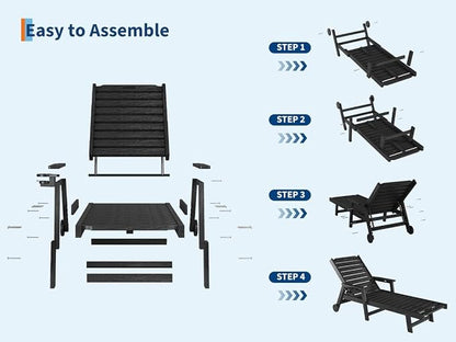 Garvee Lounge Chair Outdoor with Wheels & 5-Position Adjustable Backrest, Oversized Chaise Lounge with 2 Move Handle, HDPE Outdoor Lounge Chair w/Detachable Cup Holder, for Patio, Pool,Black