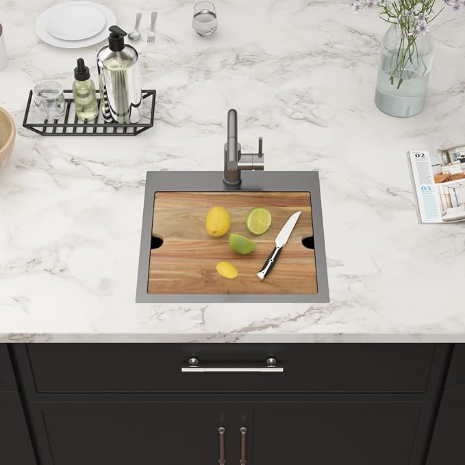 18 Inch Black Drop In Bar Sink Outdoor Kitchen Sink Nano PVD Gunmetal Black Ledge Workstation 16 Gauge Stainless Steel Single Bowl Small Sinks with Pull-out Faucet 18"x18"x9"