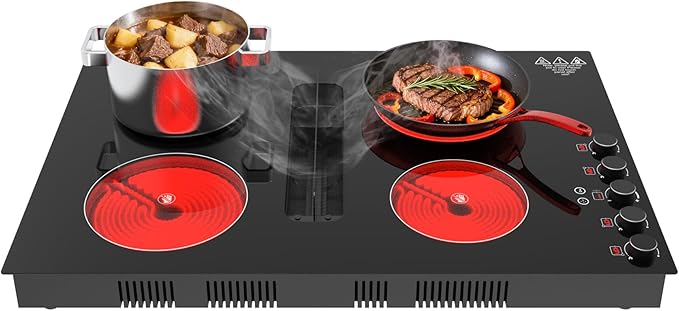 30" Electric Cooktop with Downdraft – 4 Burner 6000W Built-in Electric Stove, BBQ Bridge Burner, Timer, Safety Lock, Recirculating Vent (220V-240V)