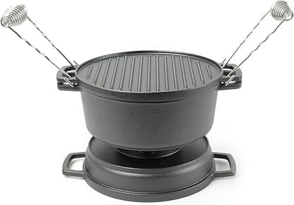 HAWOK 5 piece Stove Set, Pre-Seasoned Cast Iron Charcoal Grill Stove with 4QT Dutch Oven, with Multipurpose Lid, Five-Leg Buffet Tray, Multipurpose BBQ Stove Set