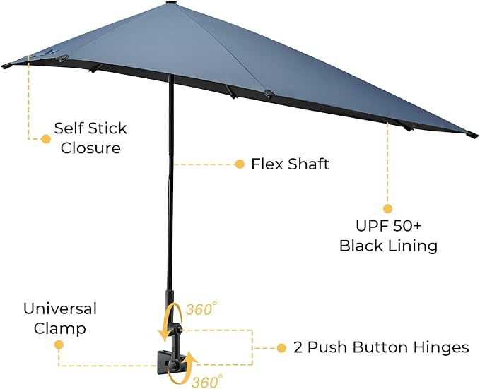 G4Free Beach Chair Umbrella with Universal Clamp UPF 50+ Golf Cart Umbrella | 46"x44" Large Canopy Sun Umbrella UV Protection, Adjustable Clamp for Beach Chair/Wheelchair/Stroller, 360° Flex Shaft, 7 Rib