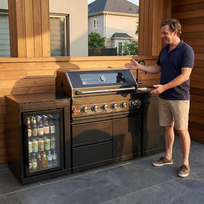 82 Inch Outdoor Kitchen Island, 6-Burner 85000 BTU Propane Stainless Steel BBQ with Side/Rear Burners, With Refrigerator and Sink, Rotisserie, Marble Countertops, Storage, For Backyard BBQ