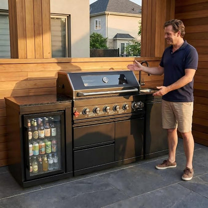 82 Inch Outdoor Kitchen Island, 6-Burner 85000 BTU Propane Stainless Steel BBQ with Side/Rear Burners, With Refrigerator and Sink, Rotisserie, Marble Countertops, Storage, For Backyard BBQ