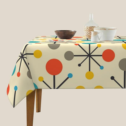 Mid Century Fifties Modern Atomic Retro Colors Tablecloth Washable Waterproof Yellow Table Cover for Kitchen Dining Room Picnic Party BBQ Wedding, Square 60" Table Cloth