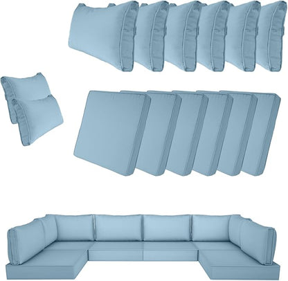 14 Piece Outdoor Patio Cushion Cover Replacement, Waterproof Patio Cushion Covers, Outdoor Furniture Cushion Covers Set for 6 Seat Wicker Rattan Sofa (Light Blue)