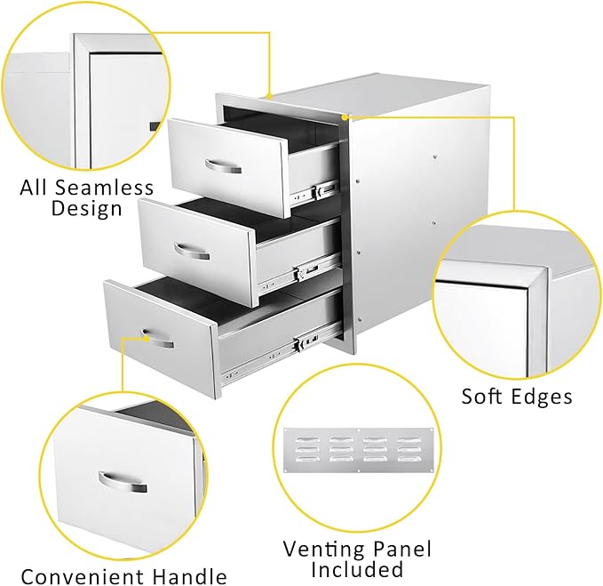 GarveeLife Outdoor Kitchen Drawers 15.7 in Wx 21.6 in H x 17.7 in D Triple BBQ Drawers Stainless Steel Built-in Drawer, Flush Mount BBQ Drawers for BBQ Island or Grill Station, Silver