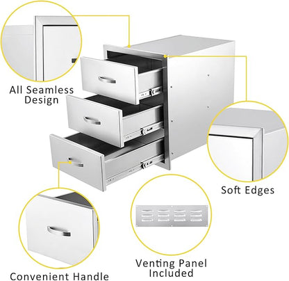 GarveeLife Outdoor Kitchen Drawers 15.7 in Wx 21.6 in H x 17.7 in D Triple BBQ Drawers Stainless Steel Built-in Drawer, Flush Mount BBQ Drawers for BBQ Island or Grill Station, Silver