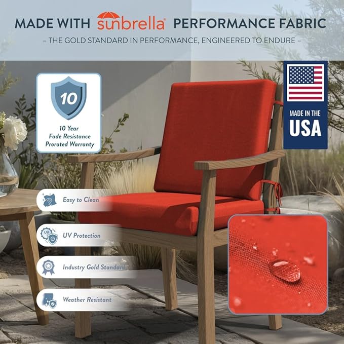 California Umbrella Outdoor Dining Chair, Set of 4 Patio Seat Cushions, 20 x 40 Inch, Premium Outdoor Memory Foam, Fade Resistant, Sunbrella Fabric, Fabric Ties, Melon
