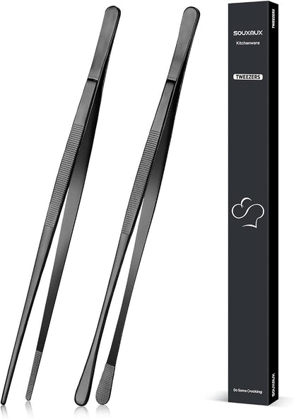 2 Pcs 12-inch Cooking Tweezers Tongs Precision Serrated Tips, Stainless Steel Professional Chef Tweezer Kitchen Tools for BBQ, Plating and Serving (Black)