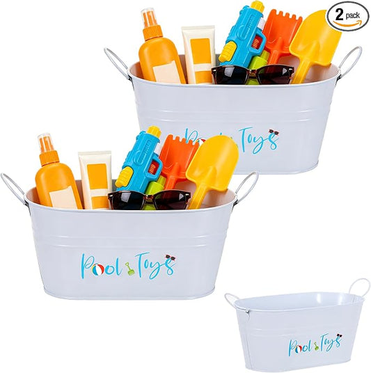 2 Pack Pool Toy Storage Bucket, Metal Poolside Toy Storage Bucket with Handles, Outdoor Summer Storage Box, Above Ground Pool Bin for Goggles Towels Swimming Camping Beach Accessories Decor (White)