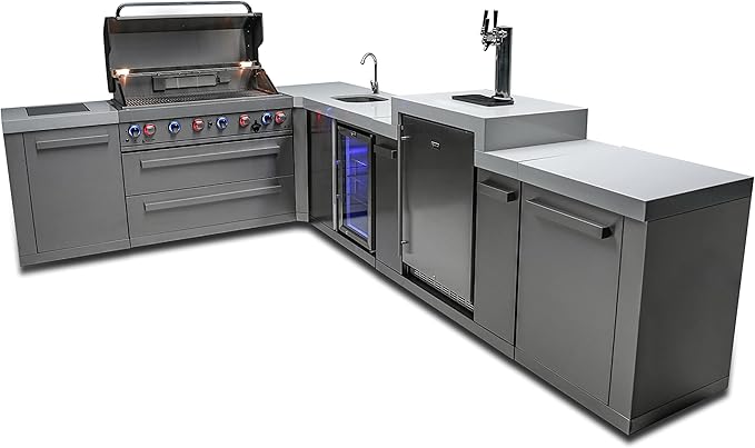 Mont Alpi 120"W x 98"D Deluxe L-shaped Stainless Steel Outdoor Kitchen Island with Fridge Faucet & Sink Combo + 3-tap Kegerator Beer Dispenser + 32"W 4-Burner BBQ Grill + Storage Cabinets + Cover