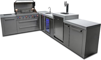Mont Alpi 120"W x 98"D Deluxe L-shaped Stainless Steel Outdoor Kitchen Island with Fridge Faucet & Sink Combo + 3-tap Kegerator Beer Dispenser + 32"W 4-Burner BBQ Grill + Storage Cabinets + Cover