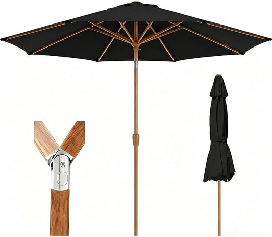 9ft Outdoor Patio Umbrella, Market Table Umbrella with Crank and Easy Push Button Tilt, Wood Grain Frame, UPF 50+ for Pool, Garden, Deck, Backyard