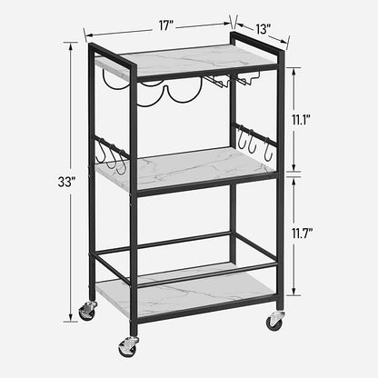 TUTOTAK Bar Cart with Wheels, Drink Cart with Wine Rack and Glass Holder | 3-Tier 17 Inch Wide Home Bar Serving Carts, Small Mobile Kitchen Shelf with 6 Hooks, Marble White BC01BM032