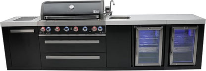 Mont Alpi Premium 132"W x 23"D Black Stainless Steel Modular Outdoor Kitchen Island + 2 Refrigerators + Beverage Center Faucet & Sink + 44"W 6-Burner BBQ Grill + Granite Countertops + Storage + Cover