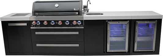 Mont Alpi Premium 132"W x 23"D Black Stainless Steel Modular Outdoor Kitchen Island + 2 Refrigerators + Beverage Center Faucet & Sink + 44"W 6-Burner BBQ Grill + Granite Countertops + Storage + Cover