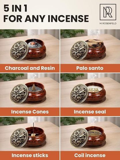 Resin Incense Burner for Frankincense & Bakhoor – Ceramic Charcoal Incense Burner with Lid, Stainless Steel Mesh and Heat-Resistant Lining for Altar & Meditation, Glazed Red