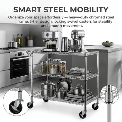 Finnhomy 3 Tier Heavy Duty Commercial Grade Utility Cart, Wire Rolling Cart with Pushing Handle Bar, Steel Metal Kitchen Service Trolly with Wheels, Shelf Size 18" D x 36" W, NSF, Chrome