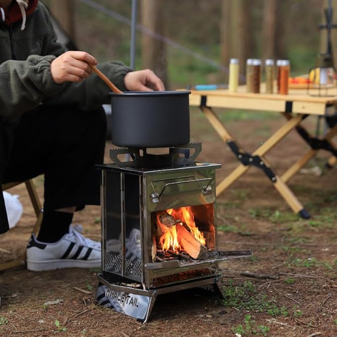 Portable Folding Stainless Steel Camping Wood Burning Stove and Charcoal BBQ Grill